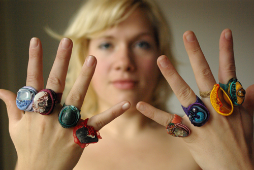 rings: fabrics, minerals, shells, glass beads and other materials