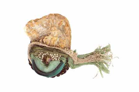 brooch: fabrics, aventurine, shell, glass beads