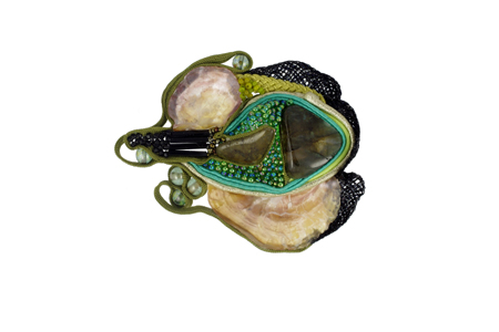 brooch: fabrics, labradorite, shells, glass beads
