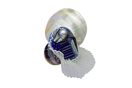 brooch: fabrics, mother of pearl, fresh water pearl, voile, glass beads