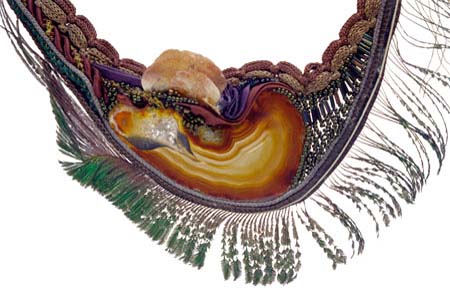 necklace: fabrics, agate, feather of peacock, shells, glass beads