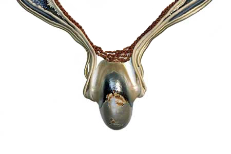 necklace: fabrics, amonite, glass beads
