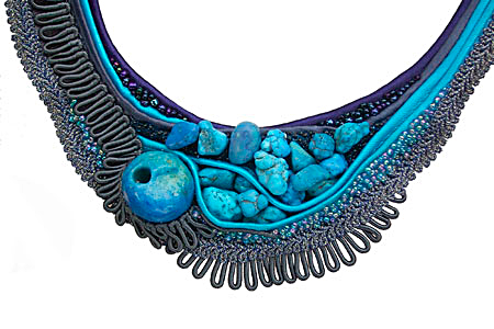necklace: fabrics, turquois, glazed ceramic, glass beads