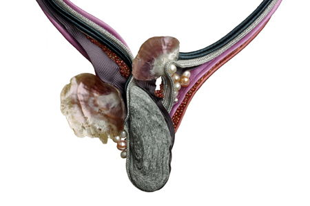 necklace "almuñecar" : fabrics, glimmerschist, shells, freshwater pearls, glass beads