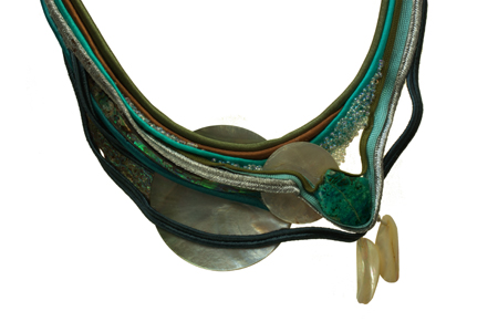 necklace: fabrics, Eilat stone, mother of pearl, glass beads