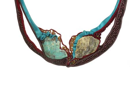 necklace: fabrics, turquoise, shell, glass beads