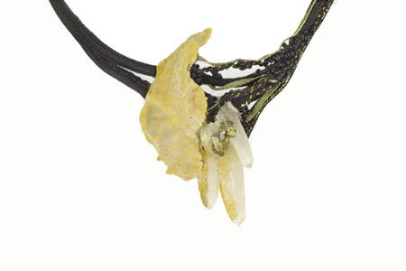 necklace: fabrics, quartz with pyrite, shell,  glass beads