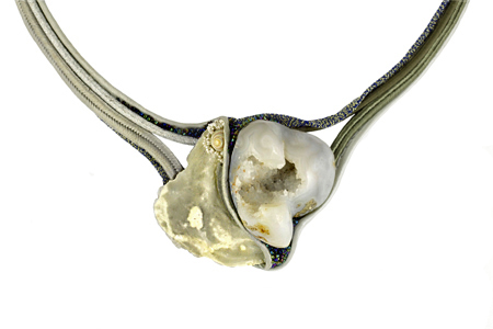 necklace: fabrics, geode, shell, snail's shell, glass beads