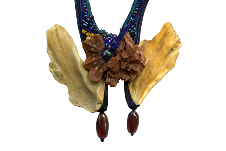 necklace:  'Angel in aragonite': fabrics, aragonite, pine cone, shells, glass beads