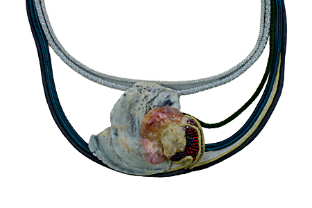 necklace "Maassluis 3": fabrics, calcedone rose, shell, glass beads