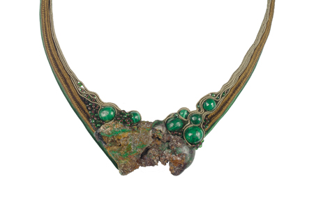 necklace: fabrics, malachite, glass beads
