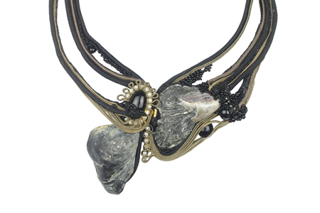 necklace: fabrics, glass, shells, glass beads