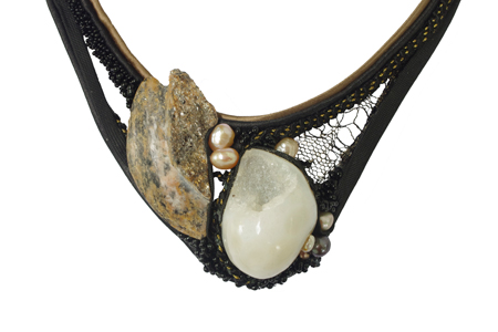 necklace: fabrics, geode, glimmer granite, fresh water pearls, glass beads