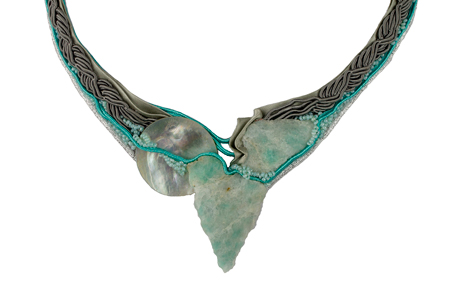 necklace: fabrics, amazonite, mother of pearl, glass beads