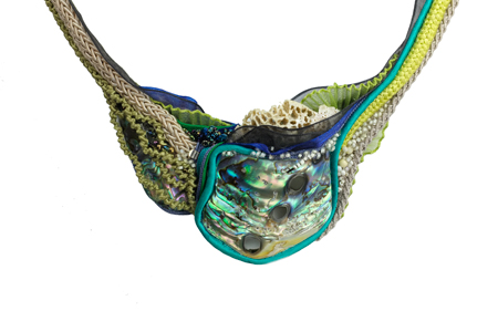 necklace: fabrics, abalone, shell, voile, glass beads