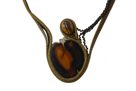 necklace: fabrics, agate, tiger's eye, glass beads