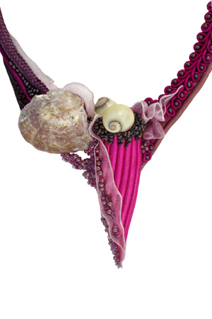 necklace: fabrics, shell, snail's shells, voile, glass beads