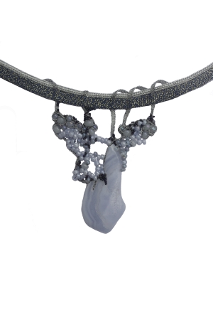 necklace: fabrics, calcedony, glass beads