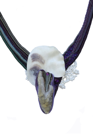 necklace: fabrics, quartz, shell, glass beads