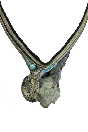 necklace: fabrics, written granite, abelone, larimar, glass beads