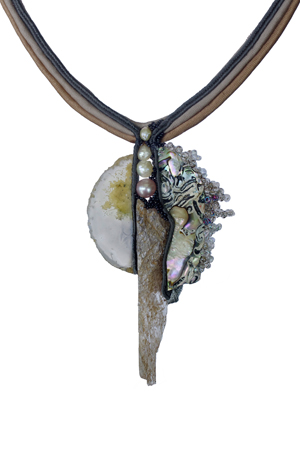 necklace: fabrics, agate, selenite, abelone shell, glass beads
