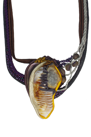 necklace: fabrics, quartz, shells, kernels, glass beads