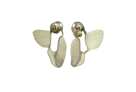 ear ornaments: fabrics, rozenquartz, shells, voile, glass beads
