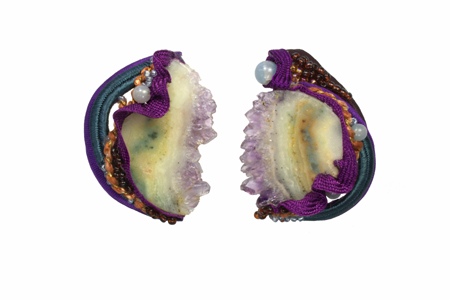 ear ornaments: fabrics, amethyst, freshwater pearls, glass beads