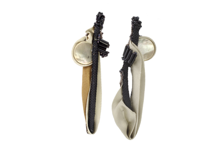 ear ornaments: fabrics, mother-of-pearl, glass beads