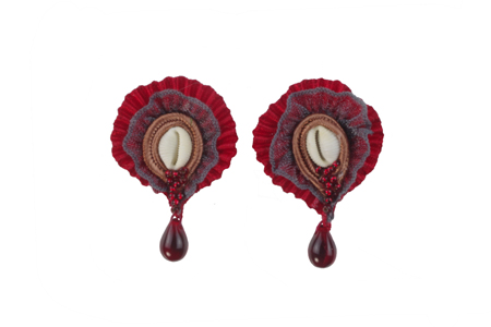 ear ornaments: fabrics, kauri shells, voile, glass beads