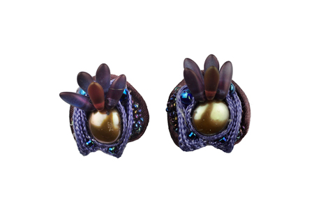 ear ornaments: fabrics, fresh water pearls, glass beads