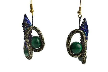 ear ornaments: fabrics, malachite, glass beads