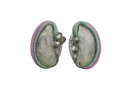ear ornaments: fabrics, fluorite, freshwater pearls, glass beads