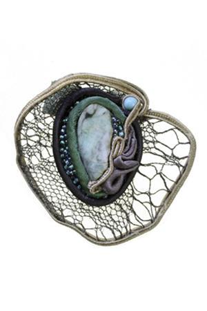 ring: fabrics, mineral, turquoise, silver netting, glass beads