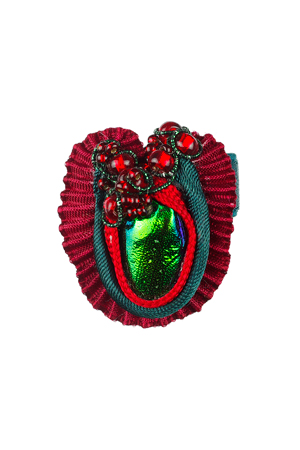 ring: fabrics, jewel beetle wing, glass beads