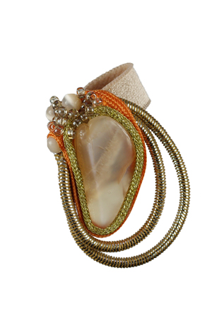 ring: fabrics, sunstone, glass beads