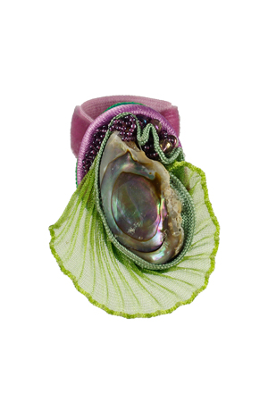 ring: textiel, abalone, voile, glaskralen