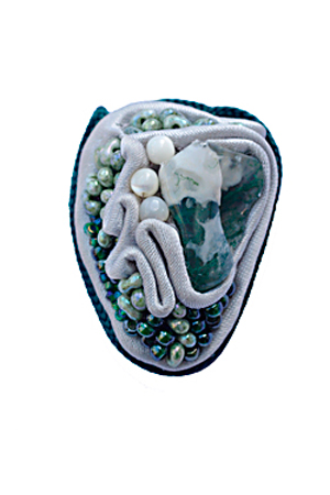 ring: fabrics, moss agate, mother of pearl, glass beads