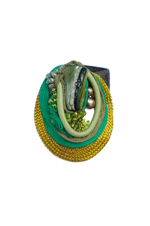 ring: fabrics, mother of pearl, fresh water pearls, glass beads