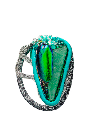 ring: fabrics, fuchsite, jewel beetle wing, glass beads