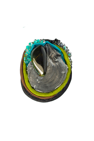 ring: fabrics, falcon eye, shell,  glass beads