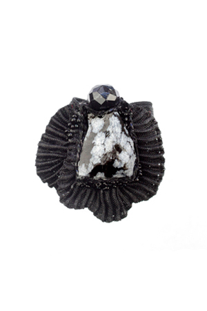 ring: fabrics, snowflake obsidian, jet,  glass beads