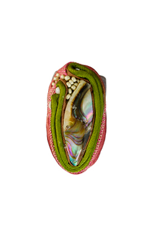 ring: fabrics, abalone, glass beads