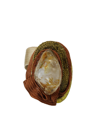 ring: fabrics, carnelian, rutilated kwarts, glass beads