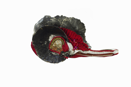 brooch: fabrics, quartz geode, snail shells, voile, glass bead