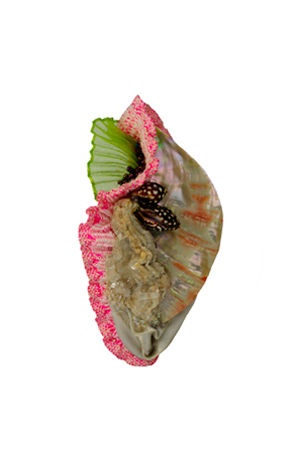 brooch: fabrics, abalone shell, snail shell, chalcedony rose, glass beads