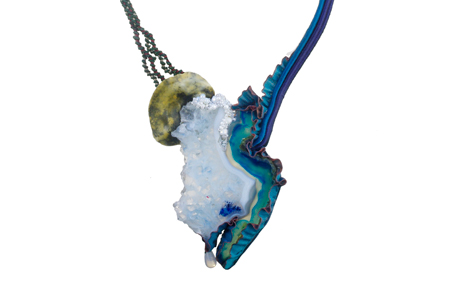 necklace: fabrics, agate, shell, glass beads